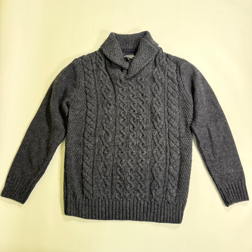 Immagini Shawl Collar Sweater Mens Medium Grey Cable Knit Made in Italy